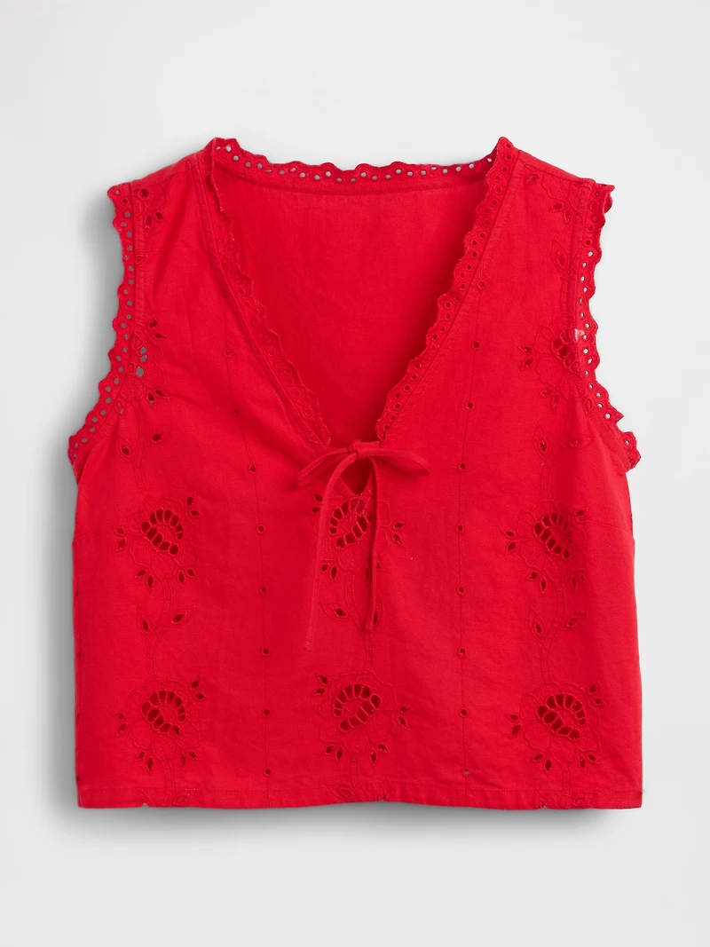Linen-Blend Embroidered Crop Shell Tank Top