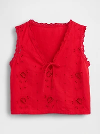 Linen-Blend Embroidered Crop Shell Tank Top