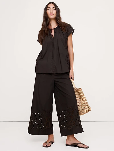 The Pull-On Wide-Leg Ankle Pant Embroidered Poplin