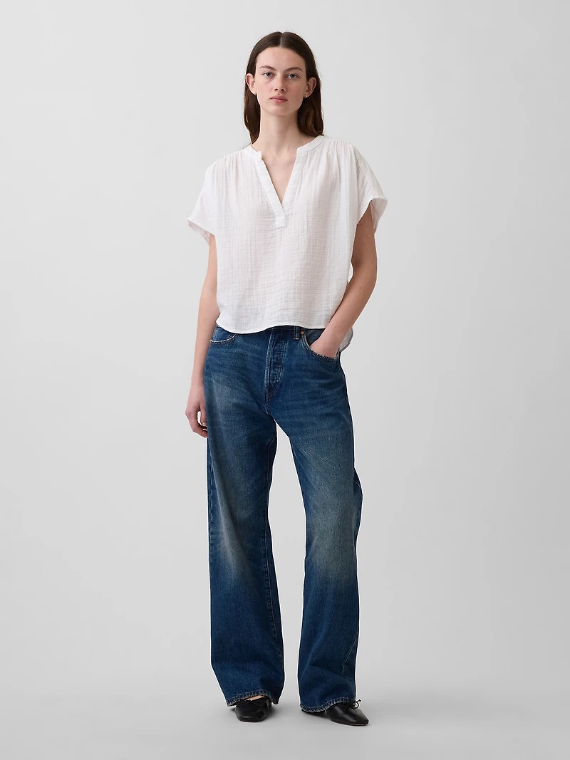 Cotton Gauze Oversized Split-Neck Top