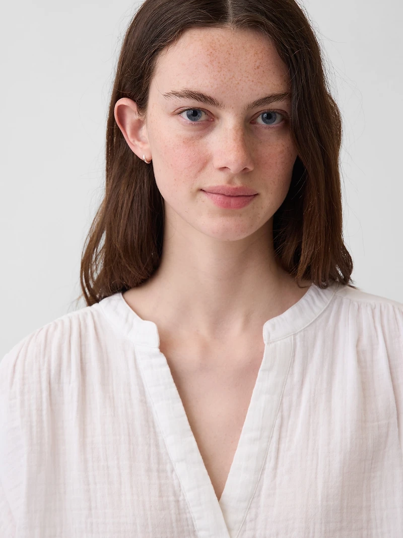 Cotton Gauze Oversized Split-Neck Top