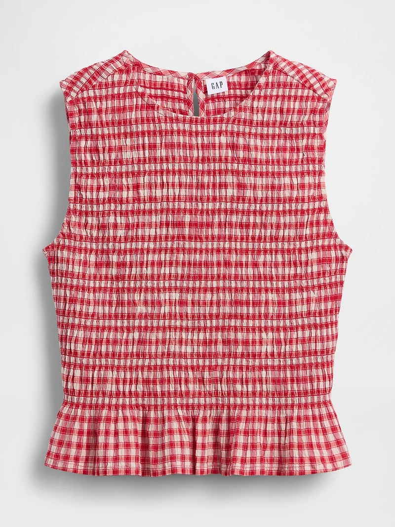 Smocked Gingham Crop Peplum Top