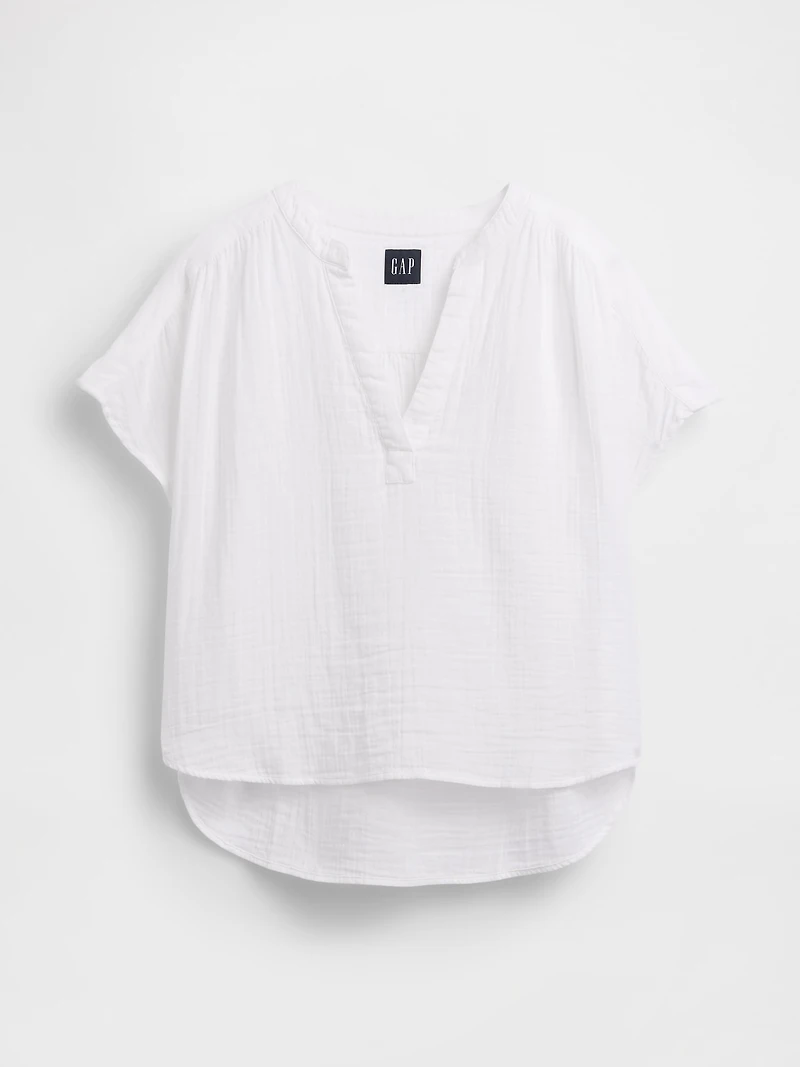 Cotton Gauze Oversized Split-Neck Top