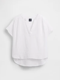 Cotton Gauze Oversized Split-Neck Top