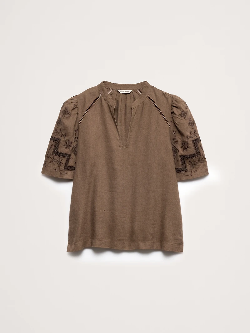 Embroidered Linen Puff-Sleeve Top