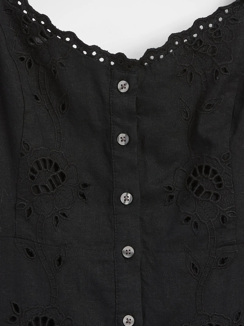 Linen-Blend Embroidered Button-Front Cami Maxi Dress