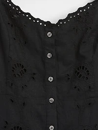 Linen-Blend Embroidered Button-Front Cami Maxi Dress