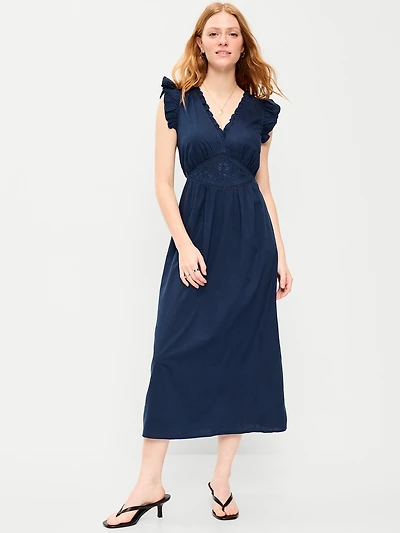 Ruffle-Trim V-Neck Midi Dress