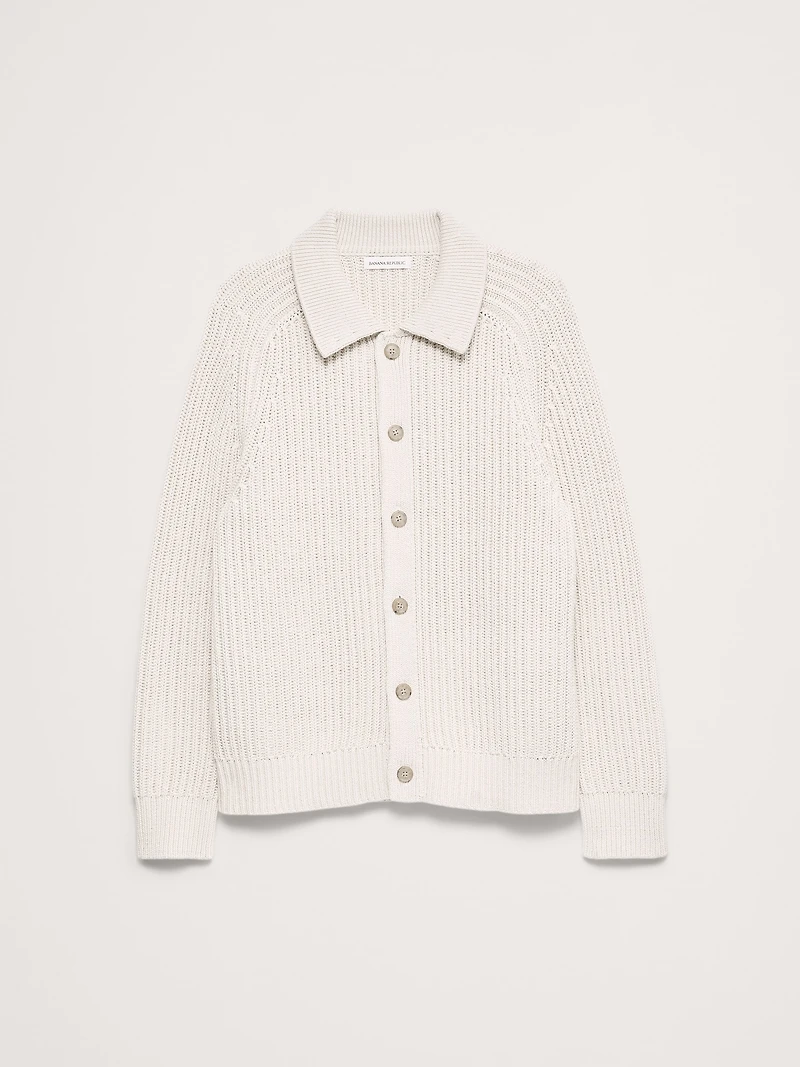 Cotton Ribbed Polo Cardigan