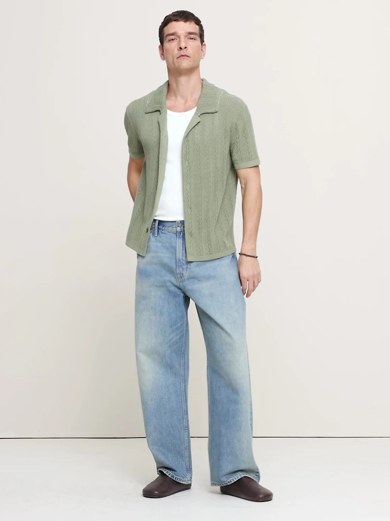 Pointelle Linen-Cotton Blend Polo Cardigan