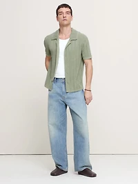 Pointelle Linen-Cotton Blend Polo Cardigan
