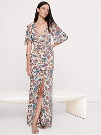 Mesh Flutter-Sleeve Maxi Dress