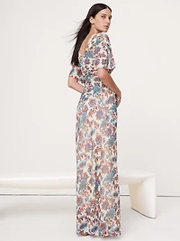 Mesh Flutter-Sleeve Maxi Dress