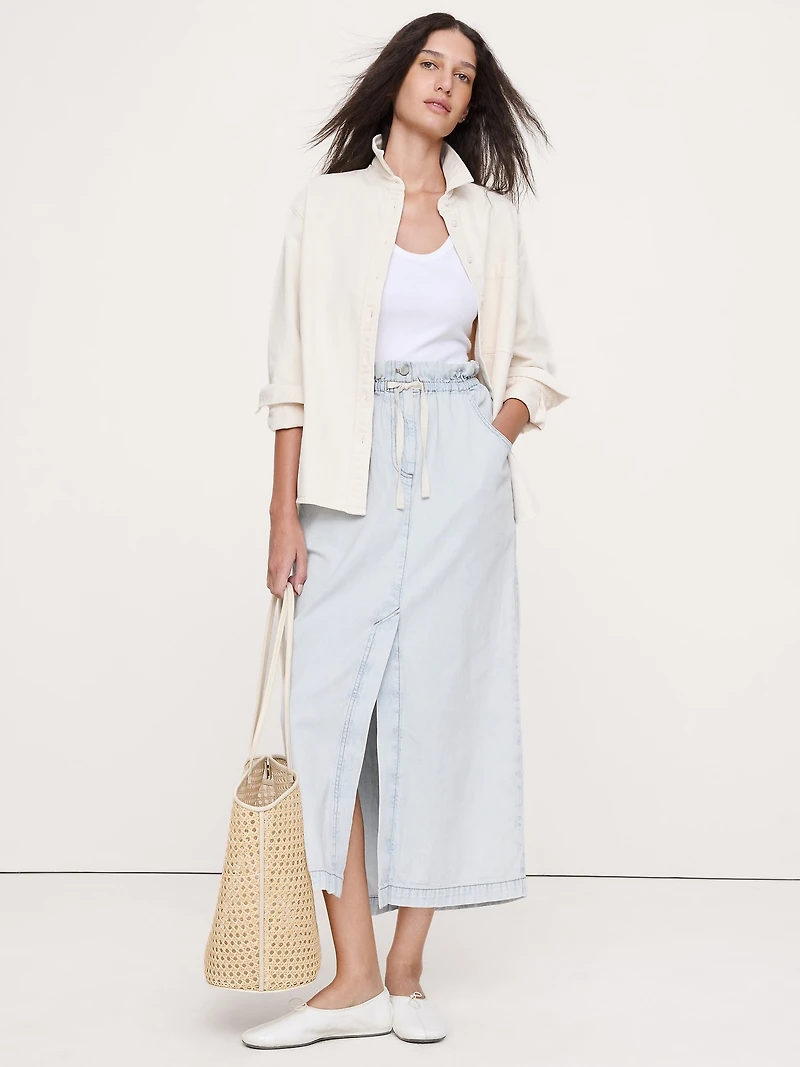 Denim Paperbag Midi Skirt