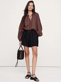 Linen Ruffle-Neck Top