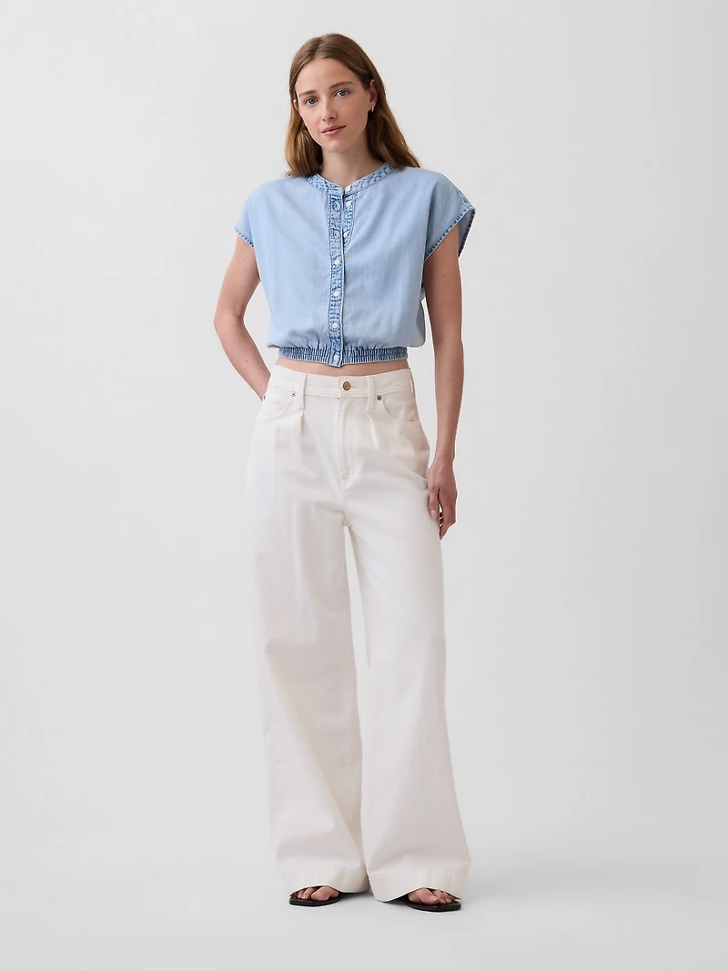 Denim Cap-Sleeve Crop Button-Front Top