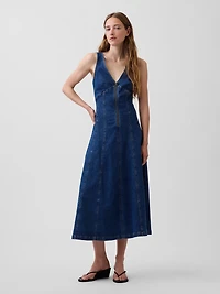Denim Seamed Zip-Front Midi Dress
