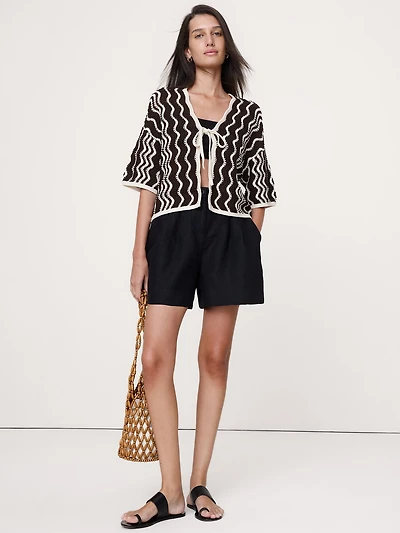 Cotton Scallop Stripe Tie-Front Cardigan