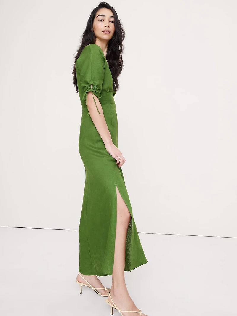 Linen Tie-Sleeve Midi Dress