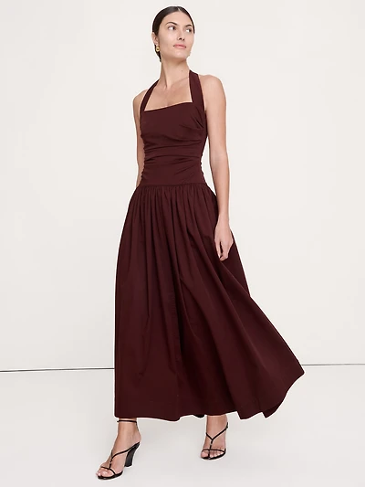 Stretch-Cotton Halter Maxi Dress