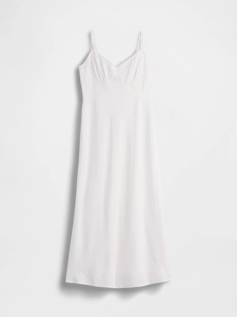 Linen-Blend Embroidered Midi Dress