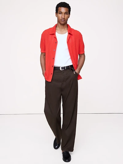 Pointelle Linen-Cotton Blend Polo Cardigan