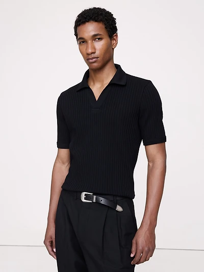 Ribbed Stretch-Cotton Johnny-Collar Polo