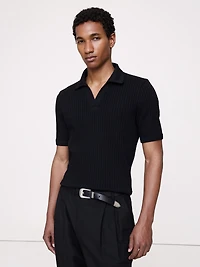 Ribbed Stretch-Cotton Johnny-Collar Polo