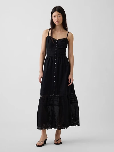 Lace-Trim Button-Front Maxi Dress