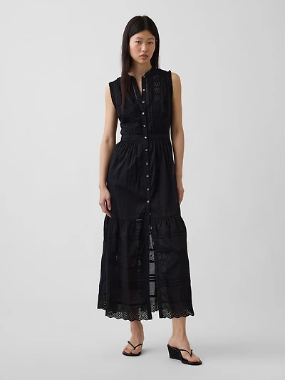 Lace-Trim Tiered Midi Shirtdress