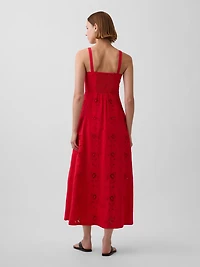 Linen-Blend Embroidered Button-Front Cami Maxi Dress