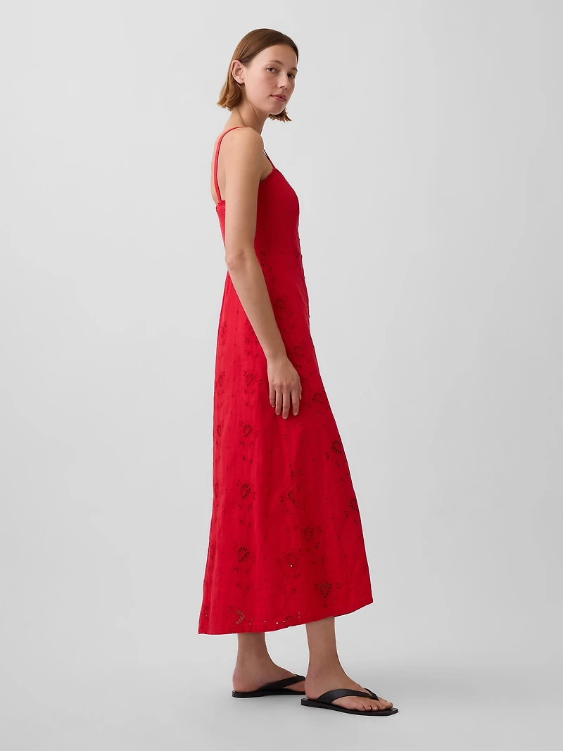 Linen-Blend Embroidered Button-Front Cami Maxi Dress