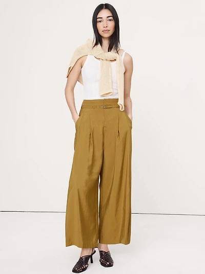 Pleated Wide-Leg Cropped Pant Luster Twill