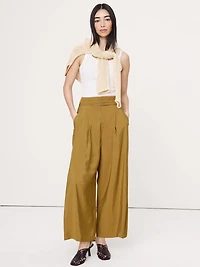 Pleated Wide-Leg Cropped Pant Luster Twill