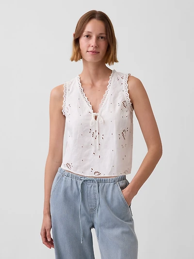 Linen-Blend Embroidered Crop Shell Tank Top