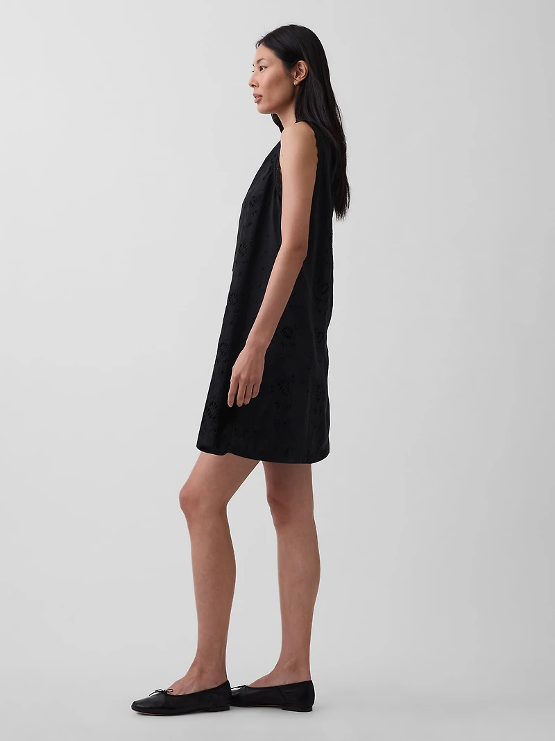 Linen-Blend Embroidered Mini Shift Dress
