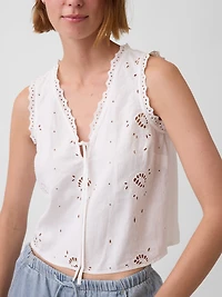 Linen-Blend Embroidered Crop Shell Tank Top