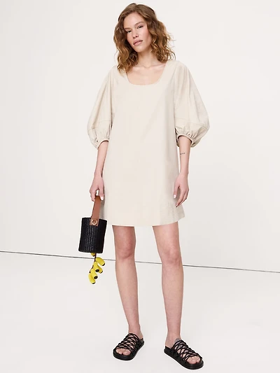 Cotton-Twill Lantern-Sleeve Mini Dress