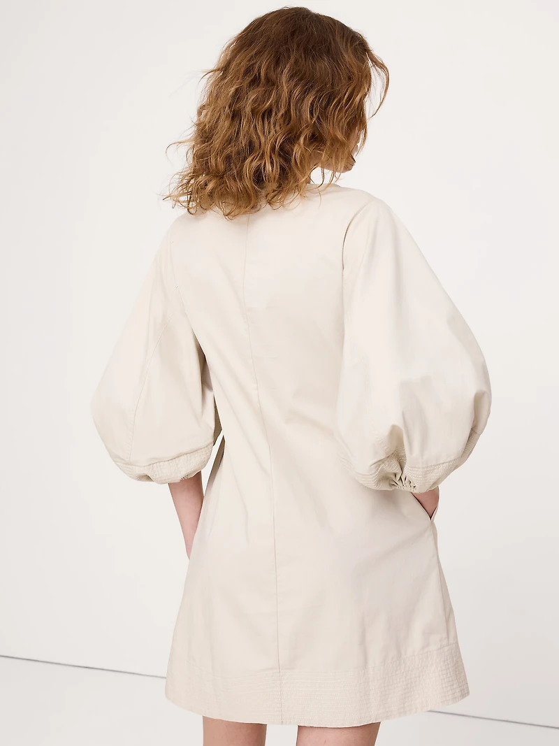 Cotton-Twill Lantern-Sleeve Mini Dress