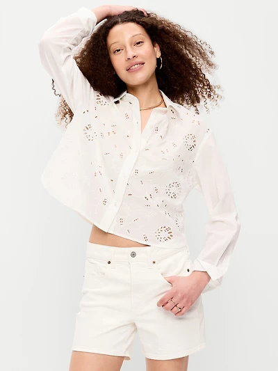 Cropped Eyelet Button-Down Shirt