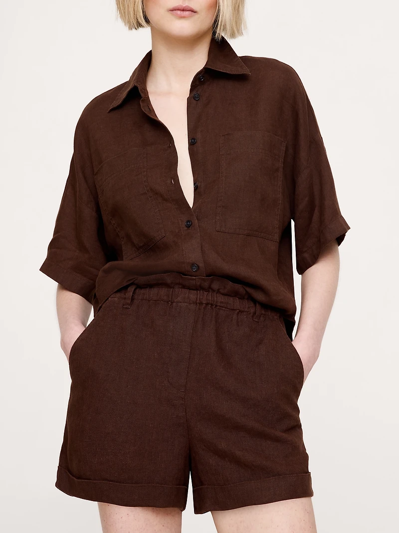 3.5" Paperbag-Waist Pull-On Linen Short
