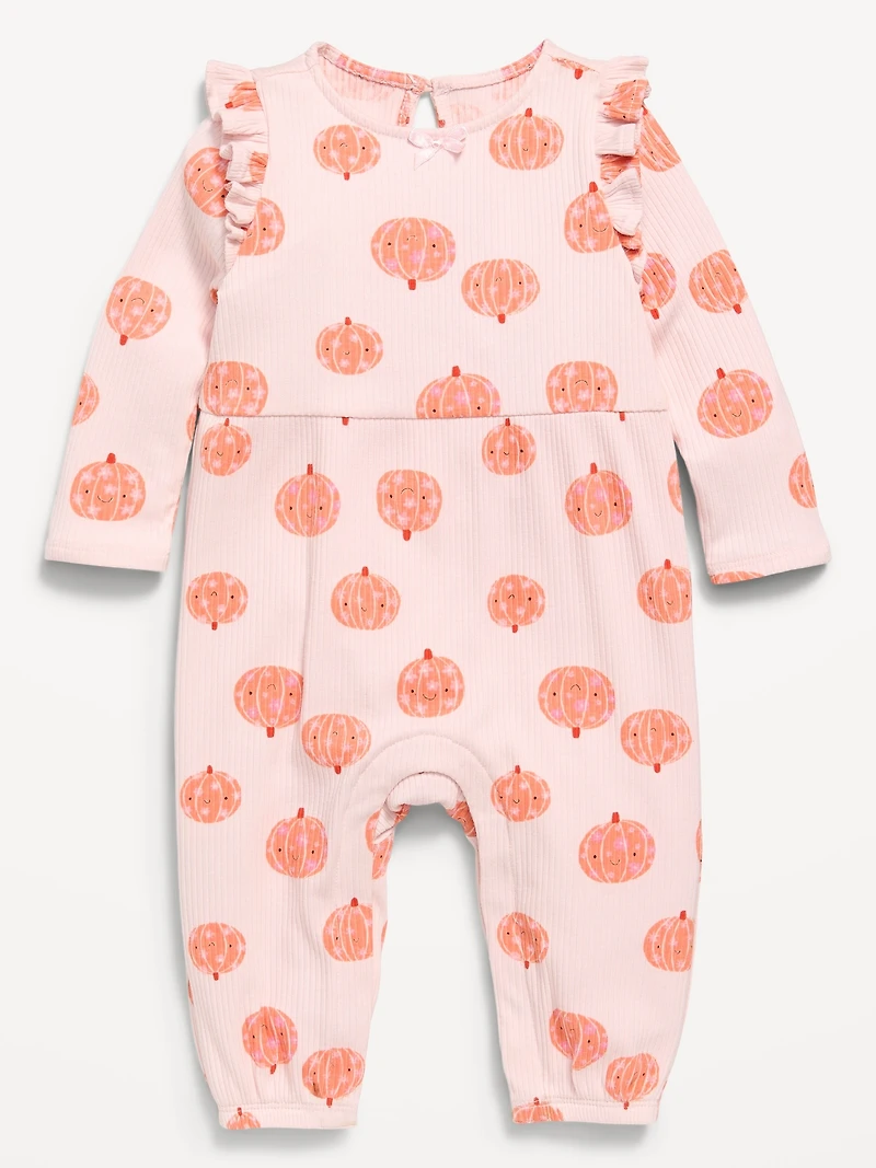 Printed Long-Sleeve Ruffle-Trim One-Piece for Baby