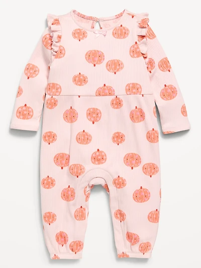 Printed Long-Sleeve Ruffle-Trim One-Piece for Baby