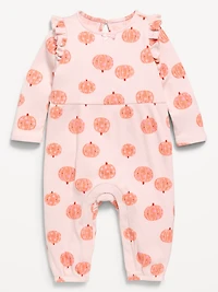Printed Long-Sleeve Ruffle-Trim One-Piece for Baby