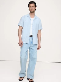 Standard-Fit Linen-Cotton Eyelet Stripe Resort Shirt