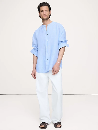 Relaxed-Fit Linen Banded-Collar Shirt