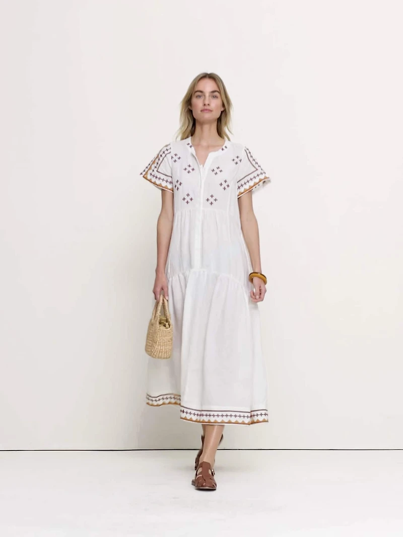 Embroidered Linen Tiered Maxi Dress