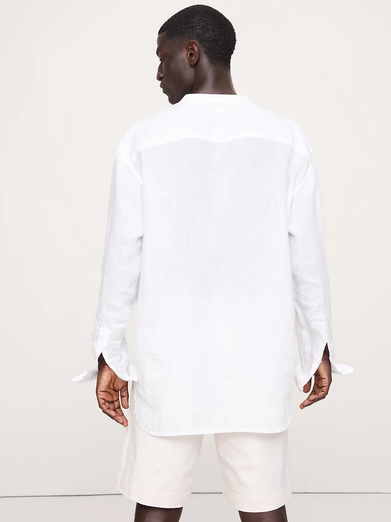 Relaxed-Fit Linen Banded-Collar Shirt