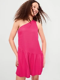 One-Shoulder Asymmetrical Linen-Blend Mini Dress