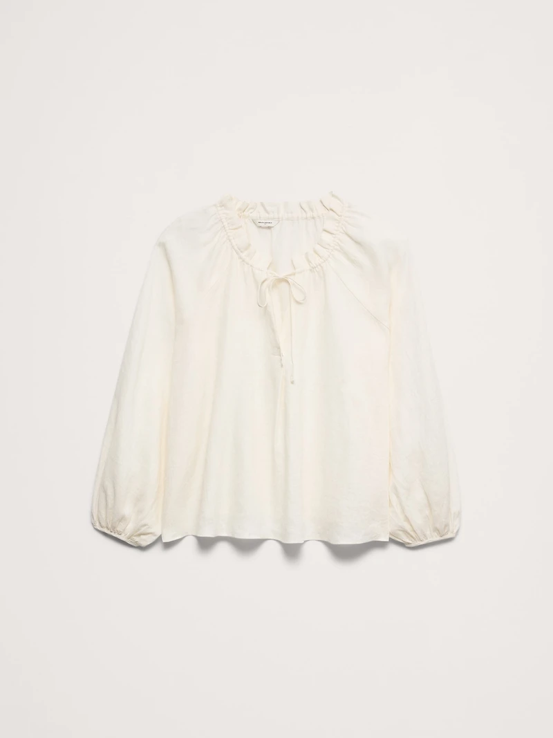 Linen Ruffle-Neck Top